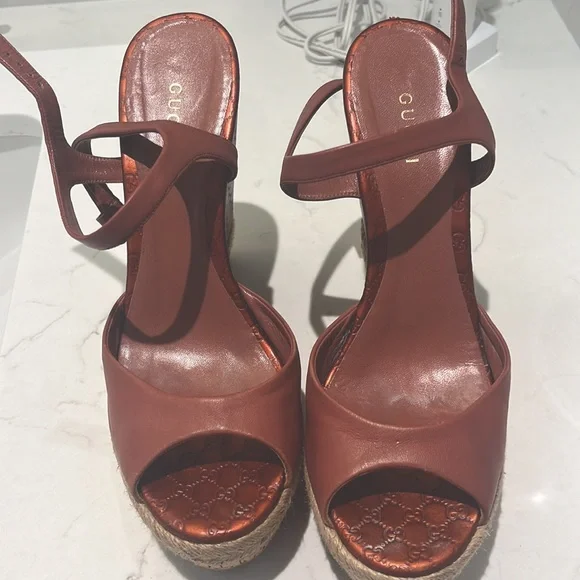 SALEGucci Pink Guccissima Leather and Cork Wedge Sandals Size 37 sold out - Picture 7 of 8